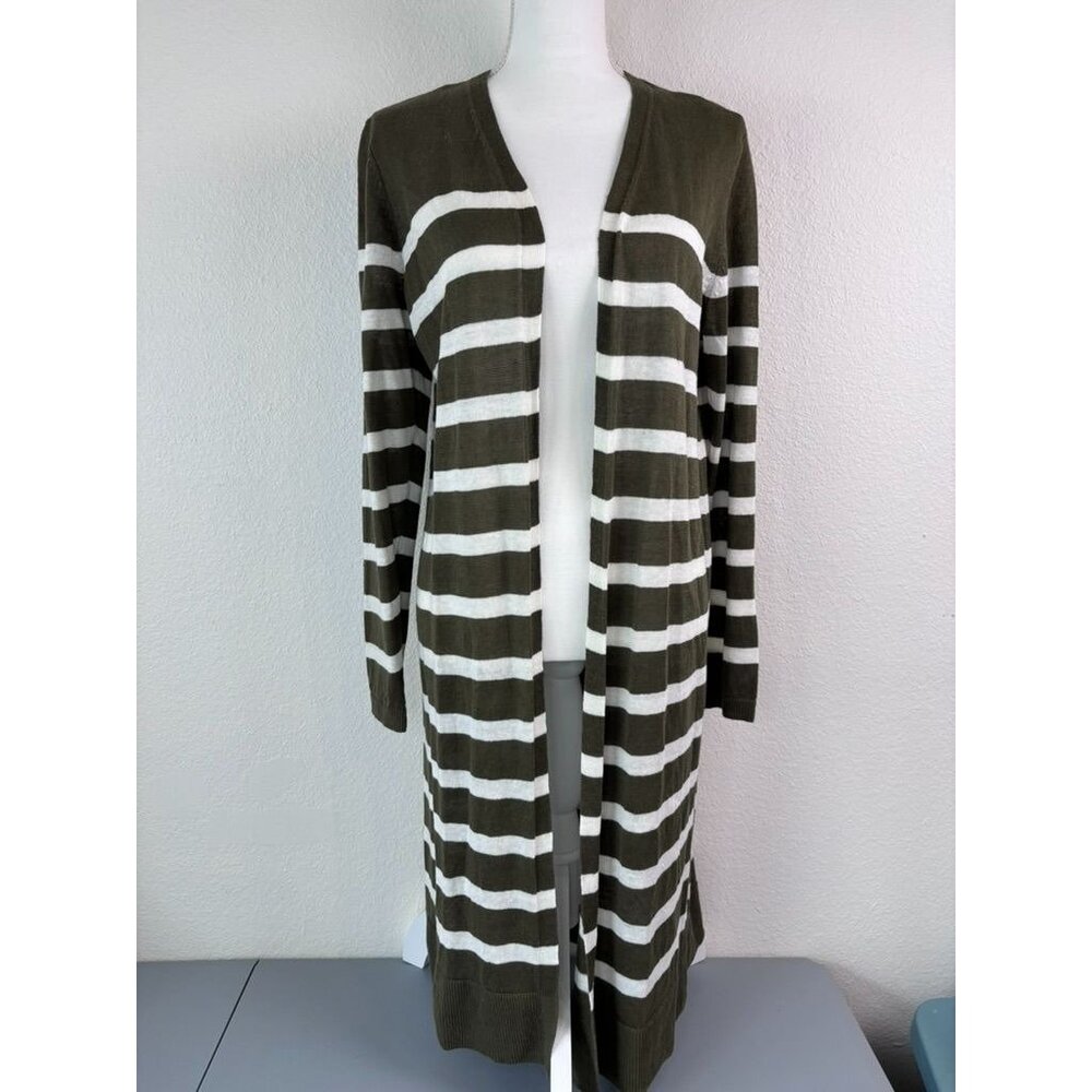 Talbots women's small olive green ivory striped 100% linen duster cardigan